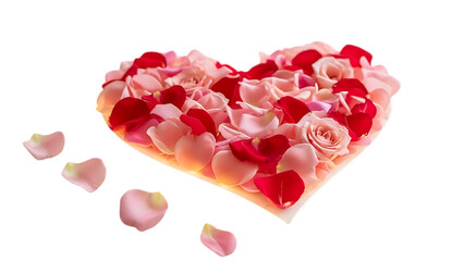 Beautiful heart shaped box filled with rose petals and roses isolated on transparent background