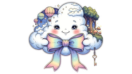 A whimsical cloud character with bow and key isolated on transparent background