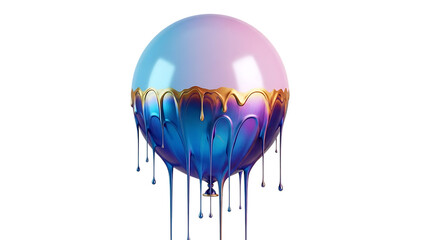 Melting sphere with vibrant colors and liquid droplets isolated on transparent background