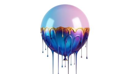 Melting sphere with vibrant colors and liquid droplets isolated on transparent background
