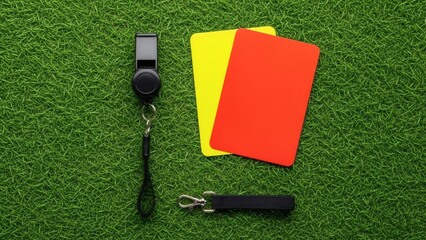 Whistle and Cards on a Field: A close-up shot showcases a classic referee set &ndash; a whistle and cards &ndash; resting upon a meticulously kept, vivid green field, symbolizing the order and rules in sports.
