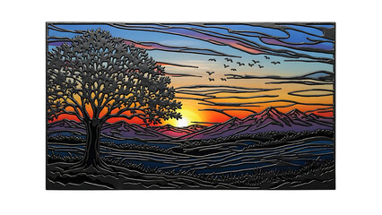 Beautiful sunset landscape with tree and mountains isolated on transparent background