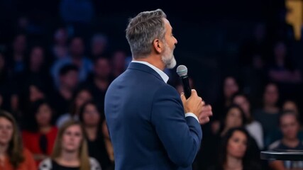 Speaker with grey beard and suit gestures with hands while addressing an audience
