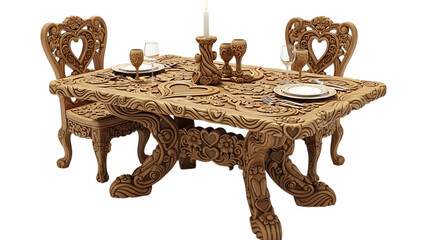Beautifully crafted wooden dining table with intricate carvings isolated on transparent background
