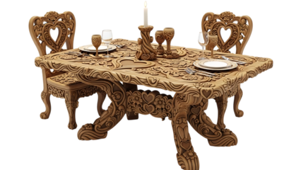 Beautifully crafted wooden dining table with intricate carvings isolated on transparent background