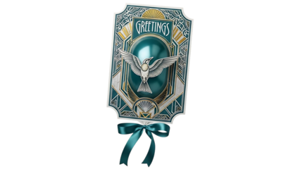 Beautiful greeting card with dove and ribbon isolated on transparent background