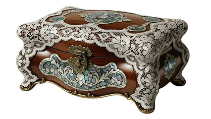 Beautiful handmade wooden jewelry box with lace and floral design isolated on transparent background