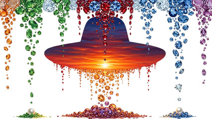 Vibrant jewels filling a flying saucer at sunset isolated on transparent background