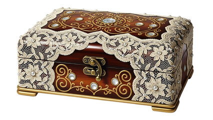 Beautiful wooden jewelry box with lace and gold trim isolated on transparent background