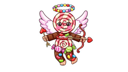 Cute cartoon candy angel holding bow and arrow isolated on transparent background