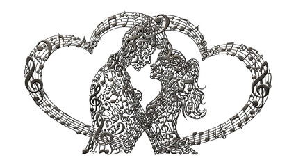Couple kissing with musical notes forming heart shape isolated on transparent background