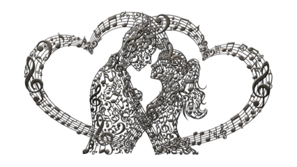 Couple kissing with musical notes forming heart shape isolated on transparent background