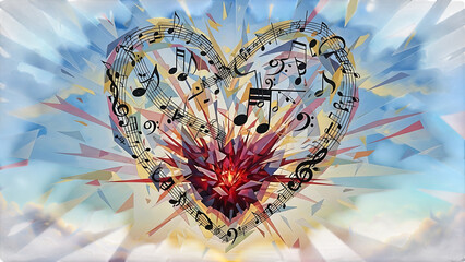 Heart filled with musical notes and vibrant colors isolated on transparent background