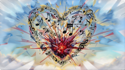 Heart filled with musical notes and vibrant colors isolated on transparent background