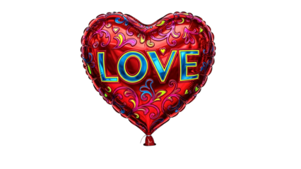 Red heart shaped balloon with love written on it isolated on transparent background
