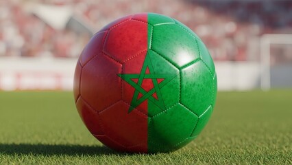 Morocco Football: A detailed football showcasing the vibrant colors and emblematic star of Morocco, resting serenely on the vibrant green grass of a meticulously maintained pitch, ready for the game.