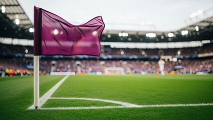Flag on Corner of Soccer Field: Capturing the energy and excitement of a soccer match, a field corner flag billows gently in the breeze, set against the backdrop of a stadium.