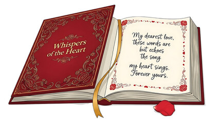 Romantic book with heartfelt message and red rose petal isolated on transparent background