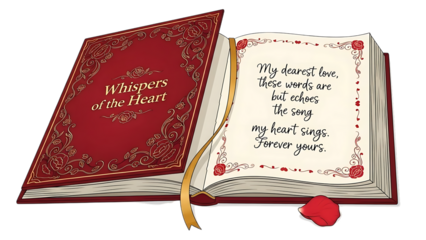 Romantic book with heartfelt message and red rose petal isolated on transparent background