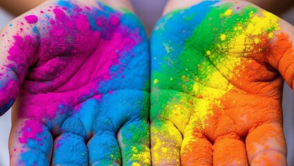 Hands of Color: A close-up view reveals two hands, each vibrantly coated in a spectrum of colorful powder, showcasing an explosion of vibrant hues in a burst of joy.