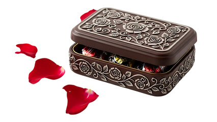 Beautiful chocolate box with rose petals isolated on transparent background