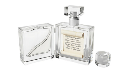 Luxury perfume bottle with elegant design and message inside isolated on transparent background
