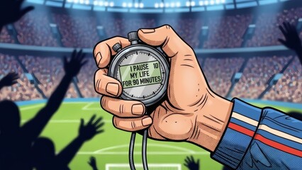 Stopwatch Moment: A resolute hand clasps a stopwatch, embodying the suspense of a critical moment within a bustling stadium. The engraved message, 'I pause my life for 90 minutes.