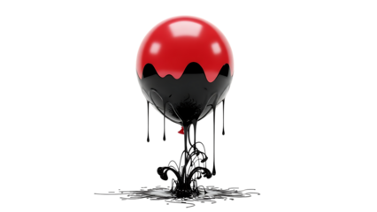 Red and black balloon deflating and dripping isolated on transparent background