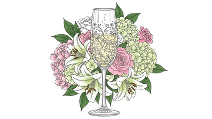 Beautiful floral arrangement with champagne glass isolated on transparent background
