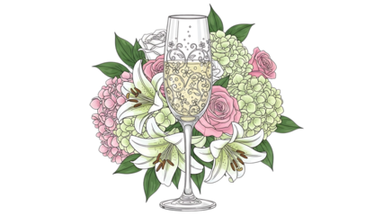 Beautiful floral arrangement with champagne glass isolated on transparent background