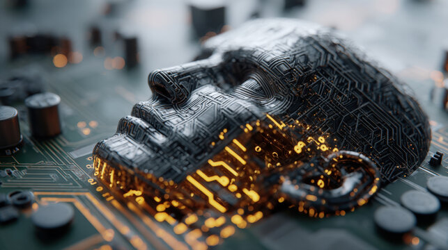 Advanced artificial intelligence concept featuring a 3D human face integrated into a digital circuit board with glowing golden microchips and neural network patterns for futuristic technology themes. - Powered by Adobe