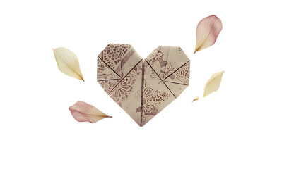 Beautiful origami heart with floral petals isolated on transparent background