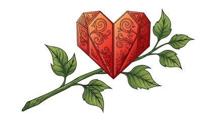 Beautiful origami heart with leaves on stem isolated on transparent background