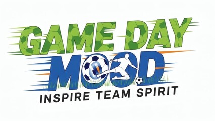 Game Day Mood - Inspire Team Spirit: A vibrant sports graphic with a motivational message and soccer ball and player silhouette.