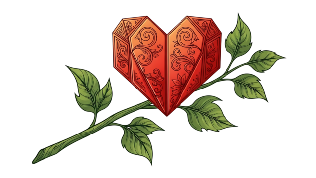Beautiful origami heart with leaves on stem isolated on transparent background - Powered by Adobe