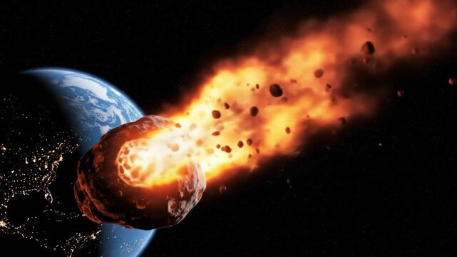 A fiery meteor hurtles towards Earth, trailing smaller debris and igniting the atmosphere