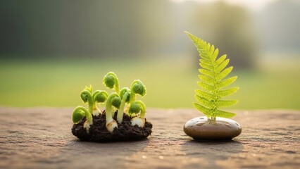 New Life's Dawn: A delicate fern and a cluster of sprouts, embodying growth and the wonders of nature, are beautifully set against the soft, natural background. 