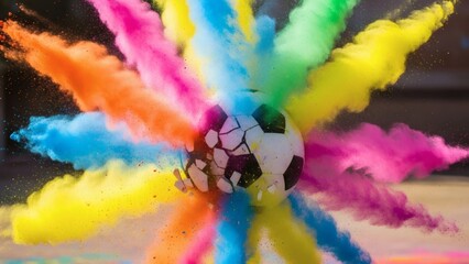 Color Explosion: A dynamic soccer ball is at the center of a vibrant burst of colored powder, symbolizing energy, joy, and the vibrant spirit of sport.