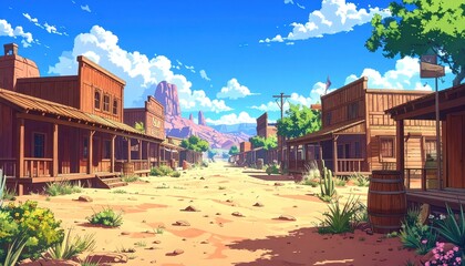 Wild set cowboy concept with old western wood buildings on dirt road