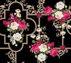 seamless flowers and baroque pattern. Hand draw vintage floral pattern background
