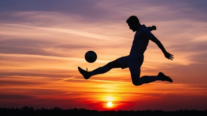 Silhouette of a Soccer player: A dynamic silhouette captures a soccer player mid-air as he kicks the ball towards the goal during a stunning sunset. The scene radiates energy and determination