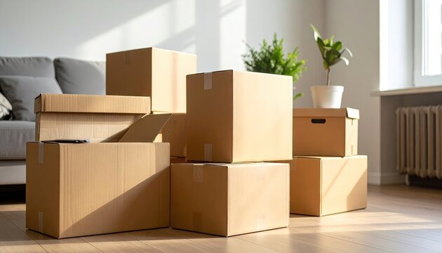 House room interior filled with carboard boxes for packing and moving