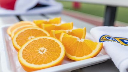 Citrus Sensation: A close-up shot of juicy orange slices arranged artfully on a white plate, exuding freshness and vibrant color.