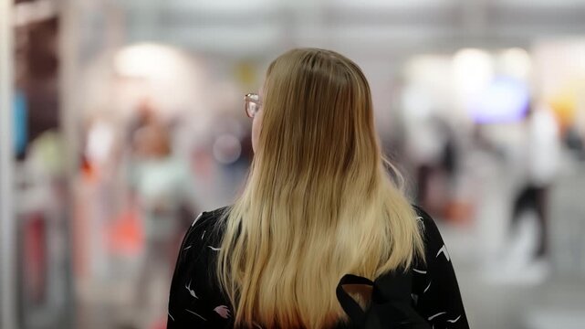 Rear view of attendee with long blonde hair and black backpack walking through a modern indoor exhibition hall, with blurred booths, soft bokeh, and people behind