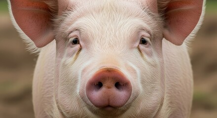 Close-up portrait of a curious pig facing the camera with pink snout and upright ears.