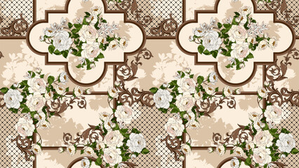 seamless flowers and baroque pattern. Hand draw vintage floral pattern background