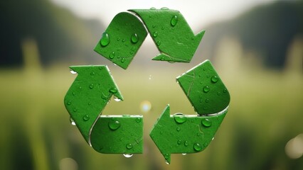 Embracing Renewal: A refreshing perspective of a green recycling symbol with water droplets, placed gracefully in front of a blur natural landscape.