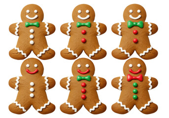 Fototapeta premium six identical warm brown gingerbread men decorated with glossy white, red, and green royal icing, arranged symmetrically on a transparent background, commercial macro food photo. Concept of holiday