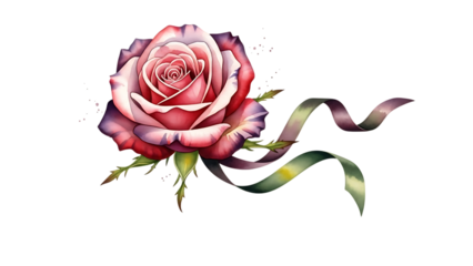 Beautiful pink rose with ribbon on white background isolated on transparent background