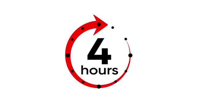 Red 4 Hours Timer with Circular Arrow and Black Dots on White Background clock countdown red arrow